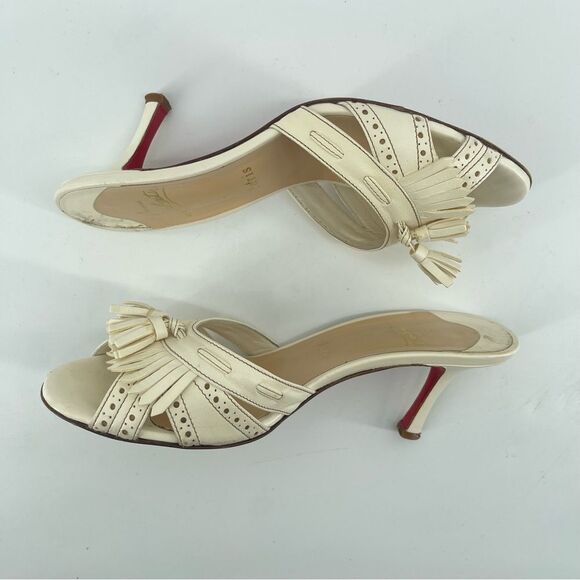 Christian Louboutin Fringe Peep Toe Mule Sandals Cream Leather EU 37.5 Heels - Picture 12 of 16